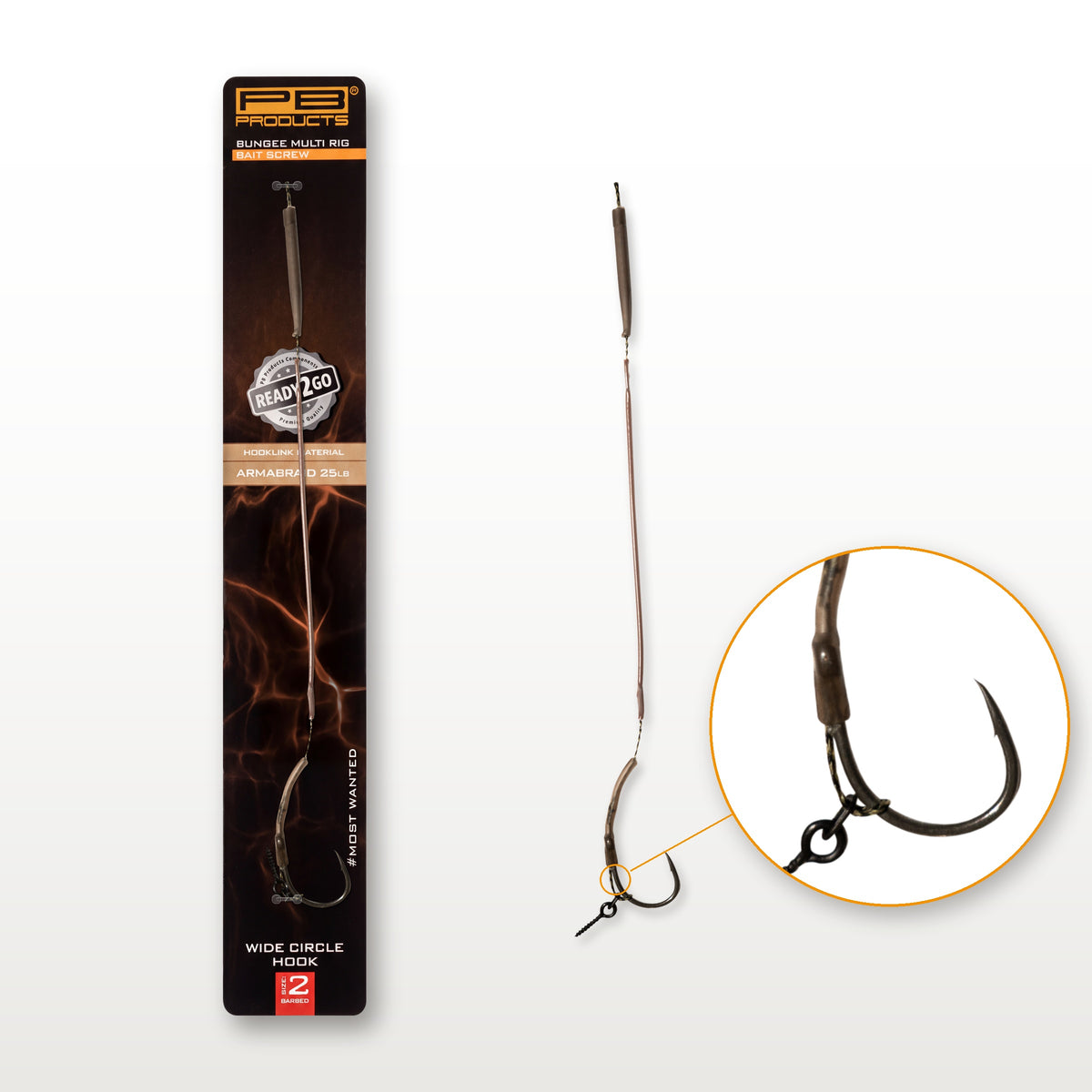 PB Products Bungee Multi Rig size 2: the pack next to the loose rig, with a magnified view of the Wide Circle hook and bait screw